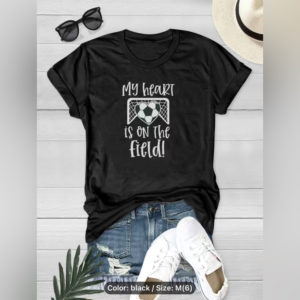BRAND New "My heart is on the field!" ⚽️ Short Sleeve T-shirt, BLACK, Size M